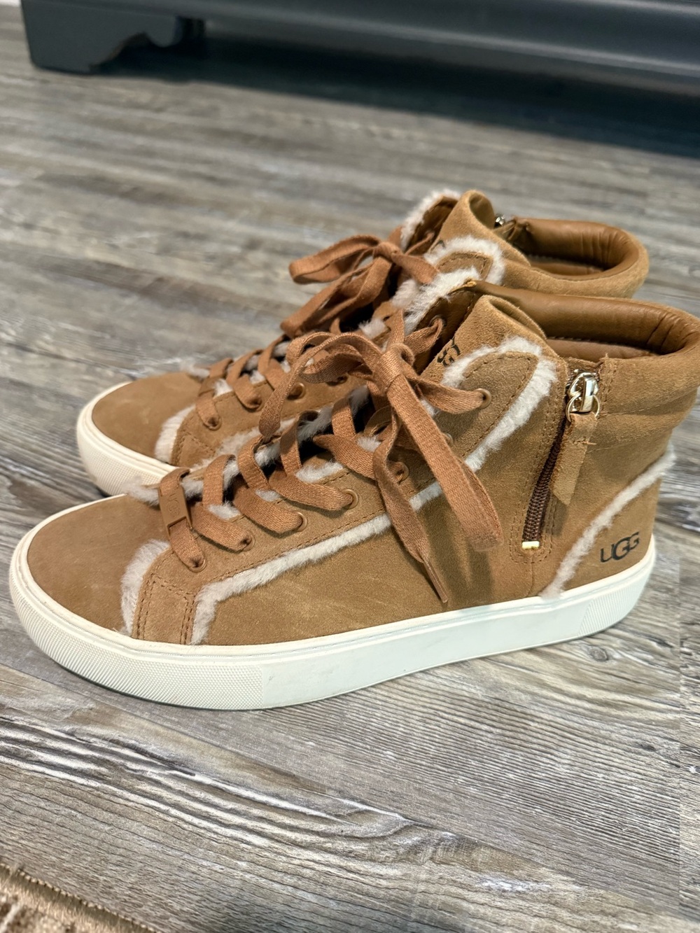 UGG Tan Suede Shearling-Trim High-Top Sneakers